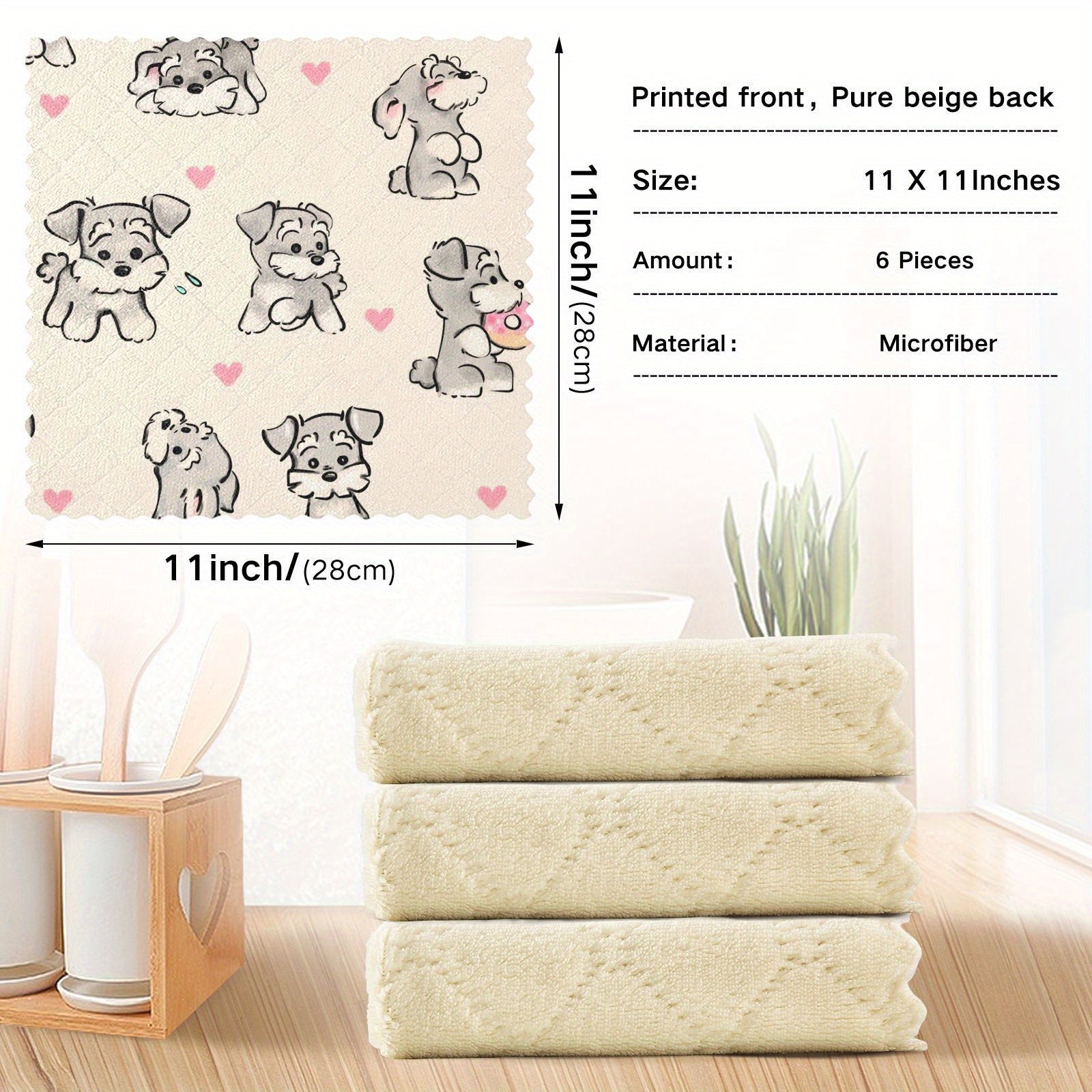 3\u002F6\u002F10pcs 11*11In Reusable Cleaning Cloth with Puppy Cartoon Animal Print 3D Retro Soft Scouring Pad Suitable for Daily Household Cleaning