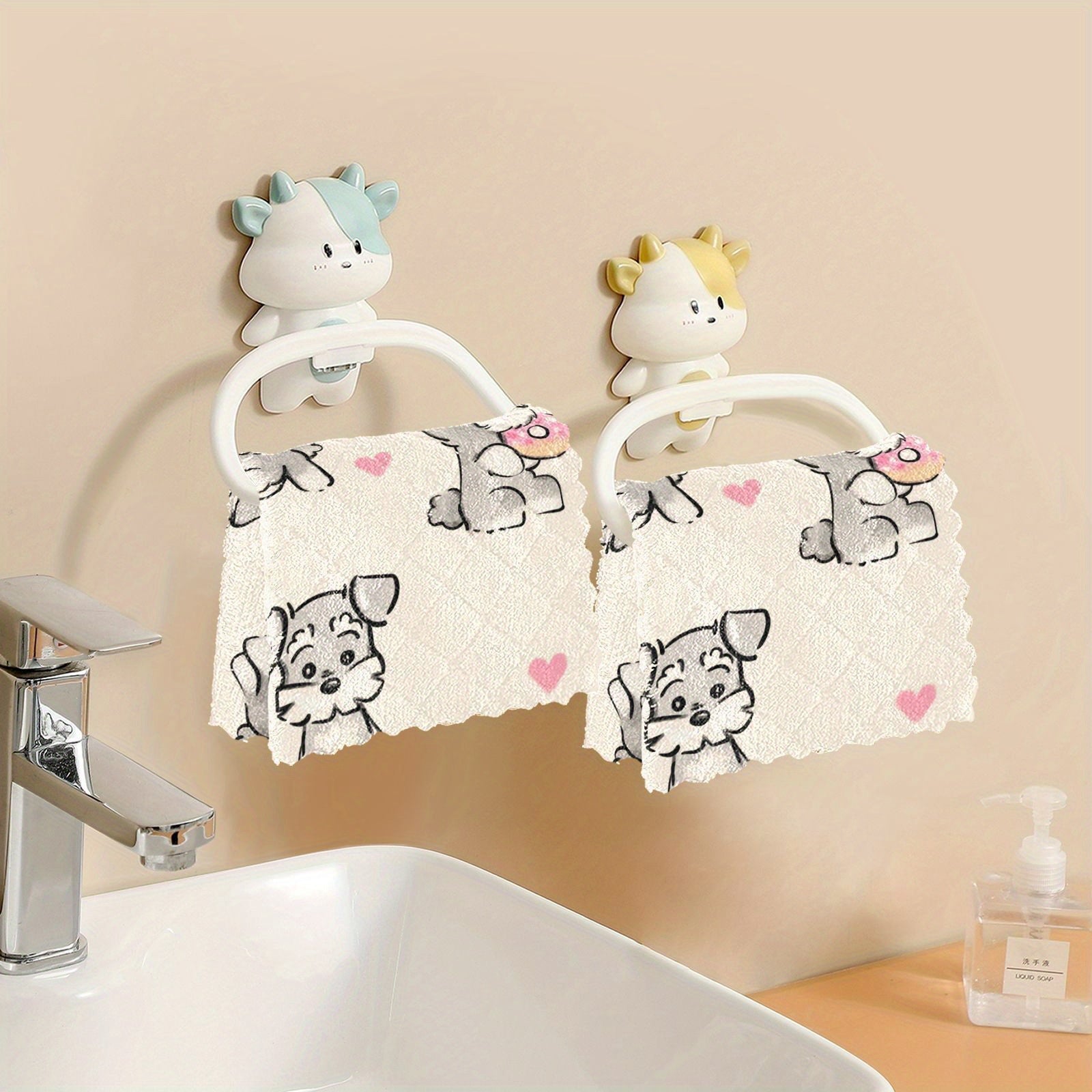 3\u002F6\u002F10pcs 11*11In Reusable Cleaning Cloth with Puppy Cartoon Animal Print 3D Retro Soft Scouring Pad Suitable for Daily Household Cleaning