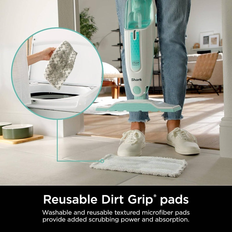 S1000 -Like Steam Mop with 2 Machine Washable Pads - Lightweight Steam Cleaner for Hardwood, Tile, Marble & Laminate Floors, Removable Washable Heads, White & Turquoise, Plug-In-Free Operation (No Required)