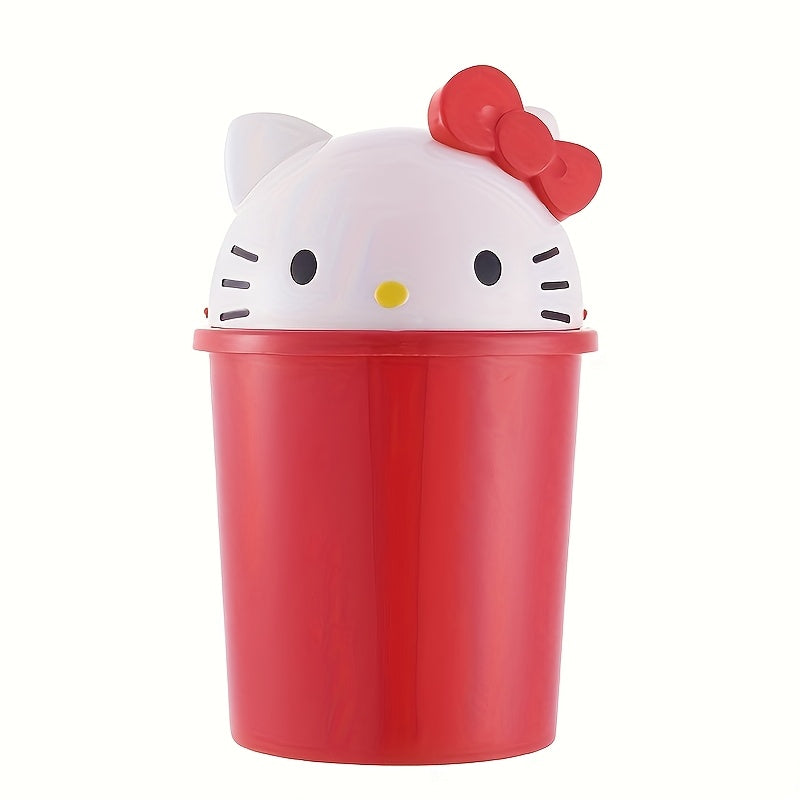 Sanrio for hello kitty Mini Desktop Trash Can with Removable Lid - Cute Pink & Red Bow Design, Durable Plastic Cylindrical Waste Bin for Office, Kitchen, Coffee Table Decor, Compact & Stylish Storage Solution, Kitchen Trash Can, Playful Design, Easy Clean