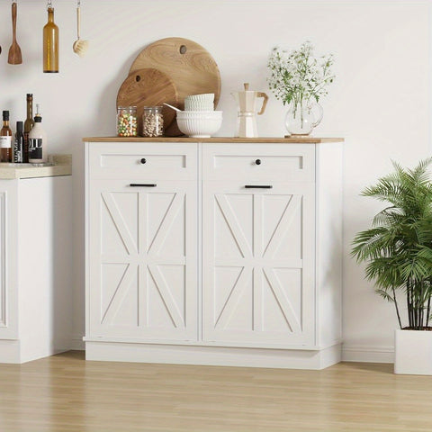 20 Gallon Heavy-Duty Trash Cabinet & Laundry Hamper - Farmhouse Cabinet with Tilt-Out Bin Doors, Space-Saving Storage for Kitchen, Bathroom, Laundry Room - Pet Proof Trash Can Organizer with Tabletop Drawer - Recycled Wood Construction, Kitchen Organizer,