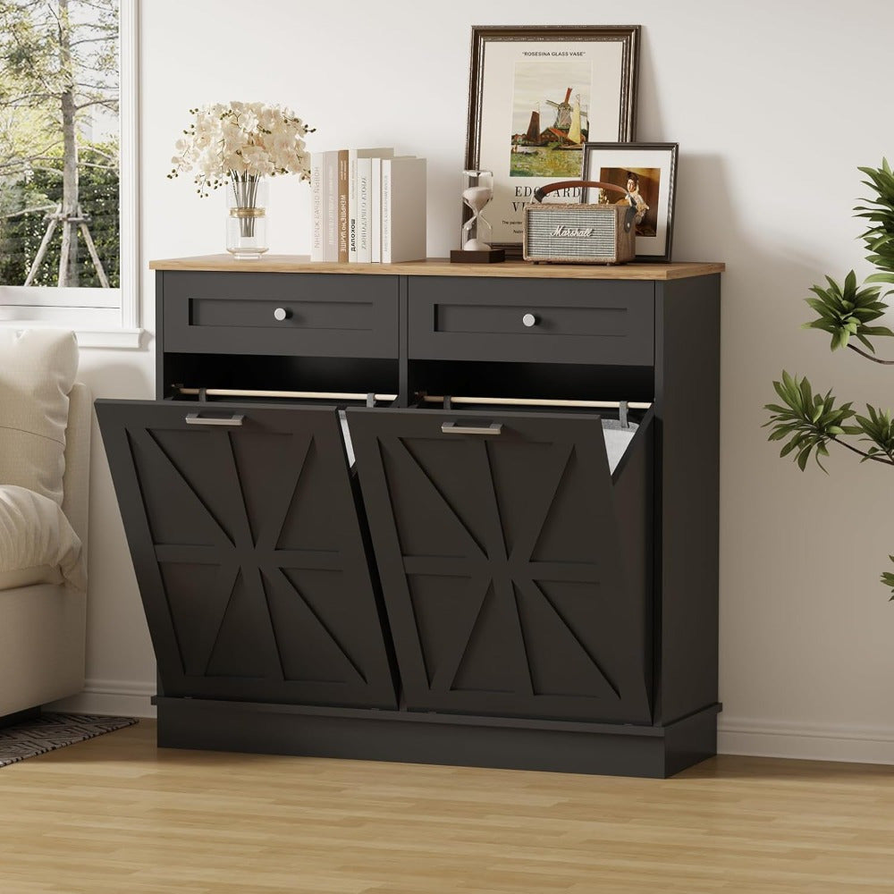 20 Gallon Heavy-Duty Trash Cabinet & Laundry Hamper - Farmhouse Cabinet with Tilt-Out Bin Doors, Space-Saving Storage for Kitchen, Bathroom, Laundry Room - Pet Proof Trash Can Organizer with Tabletop Drawer - Recycled Wood Construction, Kitchen Organizer,
