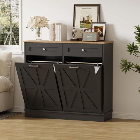 20 Gallon Heavy-Duty Trash Cabinet & Laundry Hamper - Farmhouse Cabinet with Tilt-Out Bin Doors, Space-Saving Storage for Kitchen, Bathroom, Laundry Room - Pet Proof Trash Can Organizer with Tabletop Drawer - Recycled Wood Construction, Kitchen Organizer,