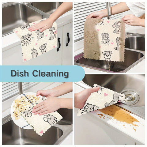 3\u002F6\u002F10pcs 11*11In Reusable Cleaning Cloth with Puppy Cartoon Animal Print 3D Retro Soft Scouring Pad Suitable for Daily Household Cleaning
