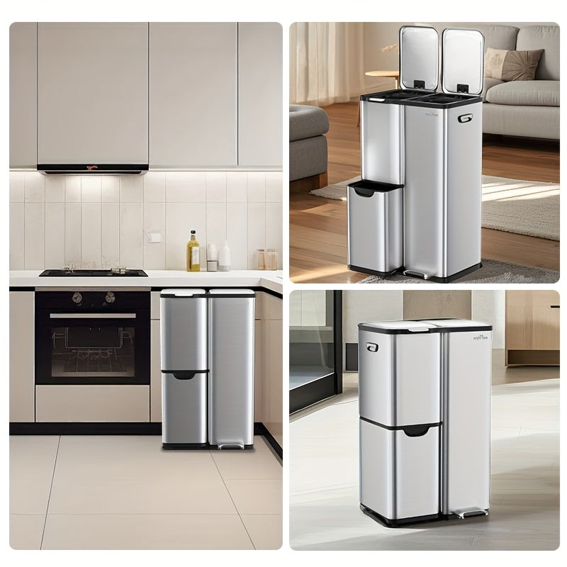 Mvm 9.5\u002F16 Gal 3 in 1 Kitchen Step Trash Can with Soft Close Lid, Duty Anti Fingerprint Brushed Recycling Bin for Office Home Markets, Stainless Garbage Bin, with 3 Removable Inner Barrels, Ideal for Wet Dry Waste Sorting