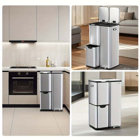 Mvm 9.5\u002F16 Gal 3 in 1 Kitchen Step Trash Can with Soft Close Lid, Duty Anti Fingerprint Brushed Recycling Bin for Office Home Markets, Stainless Garbage Bin, with 3 Removable Inner Barrels, Ideal for Wet Dry Waste Sorting