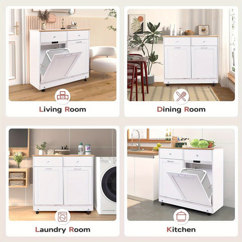 Heavy-Duty Hardwood Trash Can Cabinet with Locking Tilt-Out Bins & Casters - Kitchen\u002FBathroom\u002FOffice garbage storage Organizer with 2 Drawers, Fits 10Gal + 9Gal Bins, Space-Saving Modern Cabinet (Easy Assembly), Storage Bins, Sleek Wooden Design